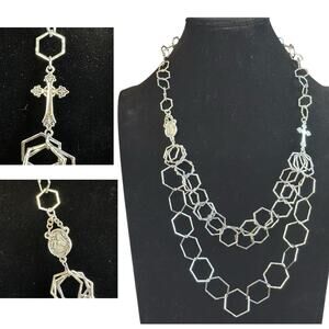 Long Silver Tone Pentagon Necklace with Cross & Virgin Mary Charms Pre Loved